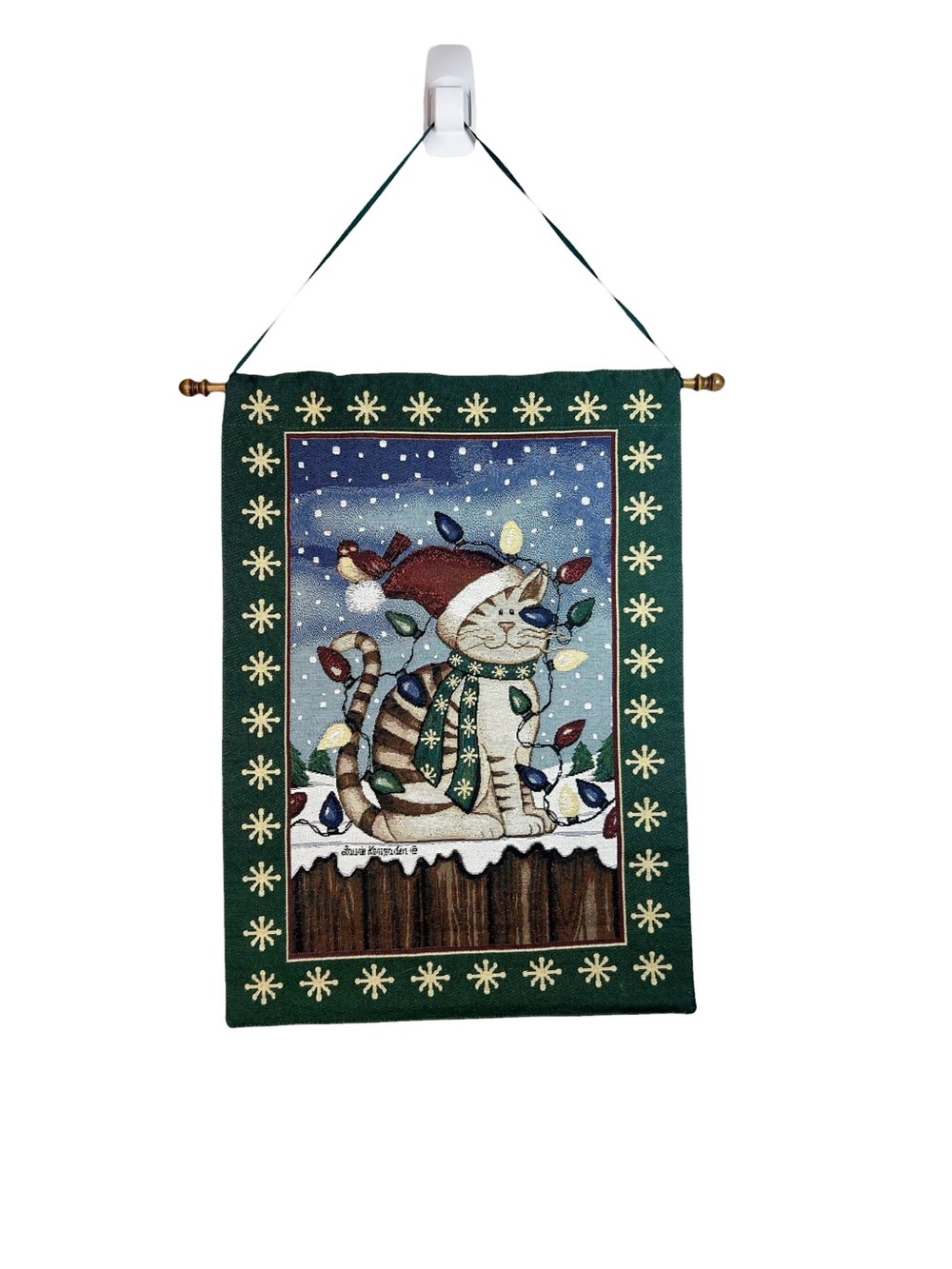 Vintage Cat Christmas Tapestry Wall Hanging Holiday 90s Woven Cottagecore
